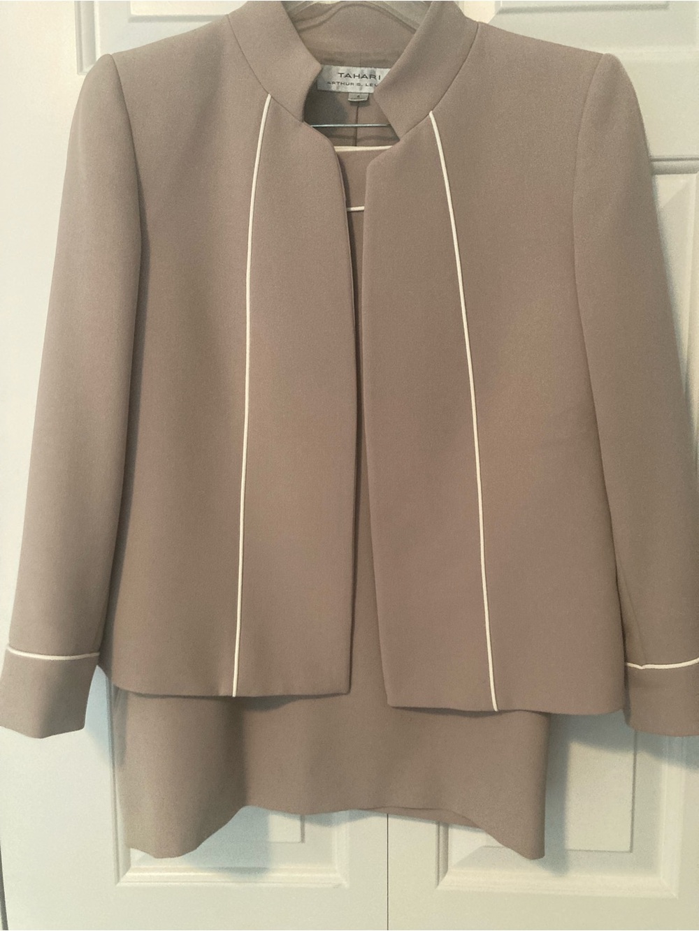 Tahari Taupe Blazer with White Piped Trim